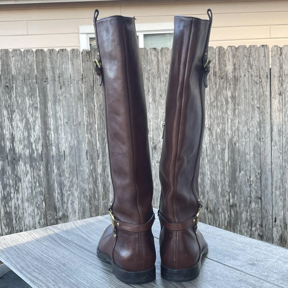 Coach Mulan‎ Tall Riding Boots Women 7B Brown Leather Logo Harness Equestrian